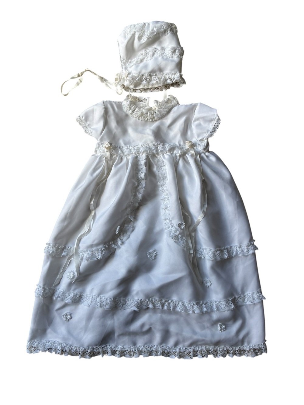 Ivory Lace Christening Gown & Bonnet Set Baby Size 0-3 Months